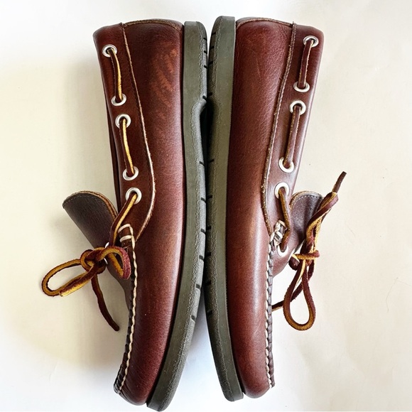 L.L. Bean Mens Camp Moc Brown Leather Boat Shoes Moccasin Stitching OU670 Size 8 - Picture 13 of 14